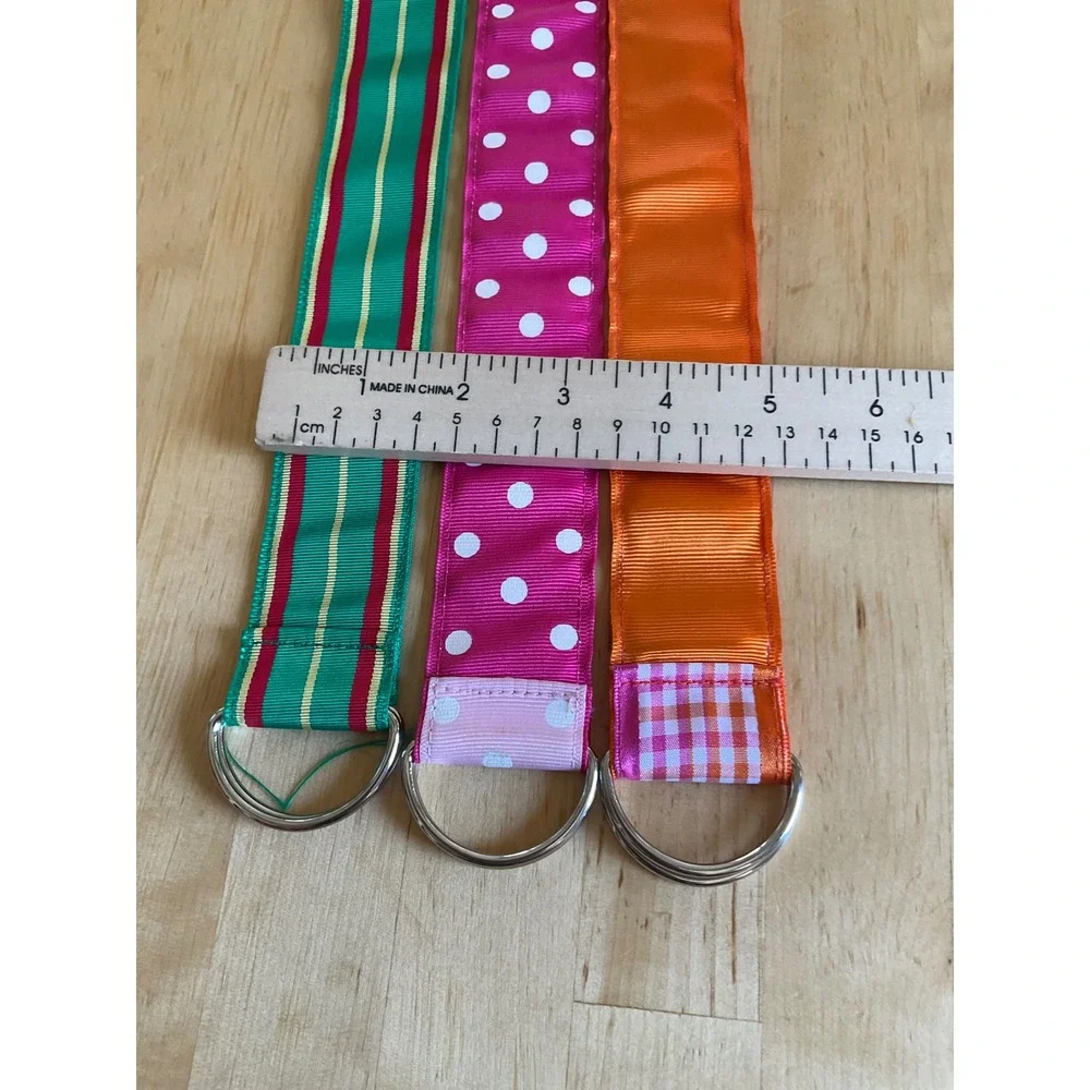 Lot of 3 Handmade Grosgrain Ribbon D-Ring Belts Preppy Stripes Polka Dot Gingham